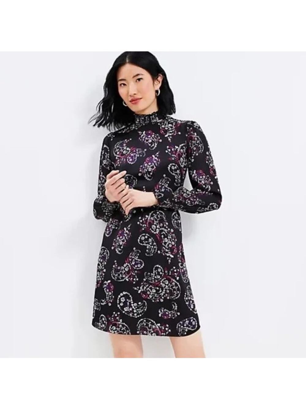 Loft NWT Women's Paisley Smocked Flare Dress Black Size 8